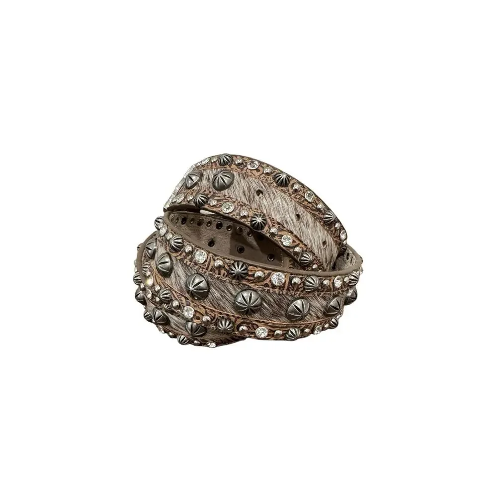 Angel Ranch Blue Roan Hair On Hide Studded Western Belt Rhinestone Buckle
